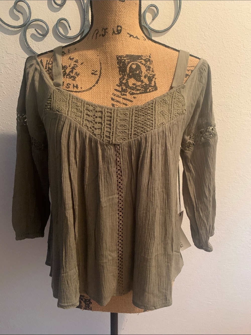 Haute Monde Olive Green Crochet Yoke Peasant Top
